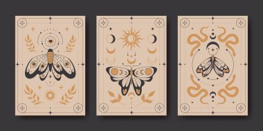 Kelebekli, yılanlı ve ruhani dekoratif sanat eserleri için göksel elementli mistik boho posterleri. Ay evreli bej renkli mistik kart, güneş ve güve. Refah damgası için Tarot çizimleri
