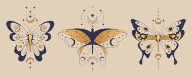 Krema arka planında ay ve gök sembolleri olan Boho kelebek çizimleri. Yıldızlı mistik güveler, hilal ve geometrik desenler. Refah damgası için ruhani doğa tasarımları.