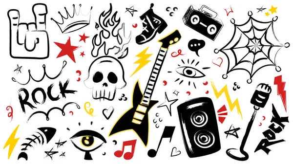 Kafatası, gitar, alevler ve isyankar sanat için örümcek ağı olan el yapımı punk rock doodle seti. Siyah çizimler, taç ve gözler, yıldırımlar. Grup ürünleri için müzik alt kültürü grafikleri
