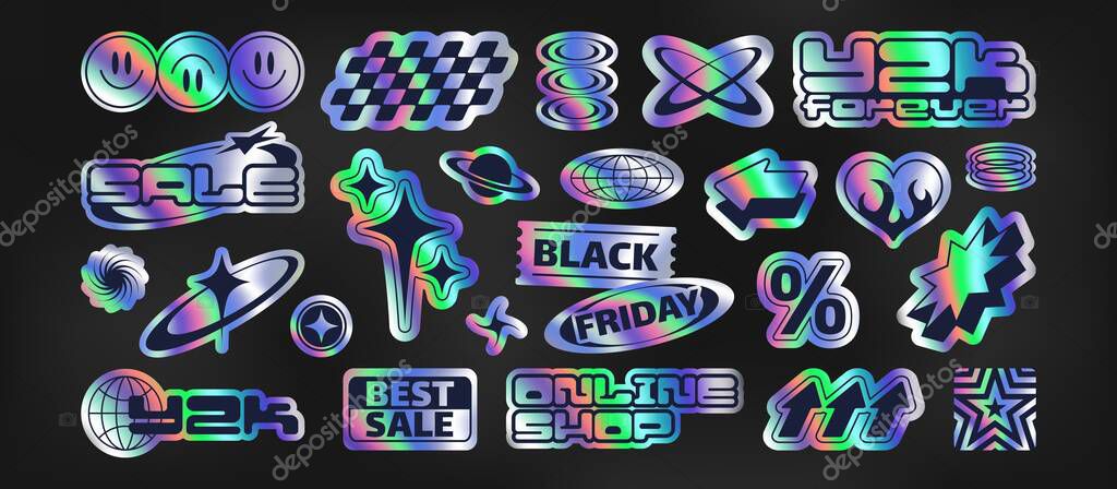 Holographic y2k label stickers with rainbow gradient, Black Friday tags and retro design icons. Chrome effect with smiling face, star and sale badge. Nostalgic elements for marketing or social media
