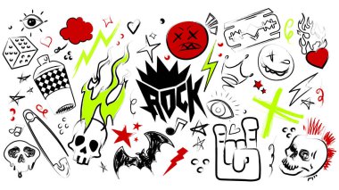 Alternatif punk rock karalama elementleri, kafatasları ve alevler, yarasa ve grafiti spreyi, yeraltı sanat veya grup grafikleri için isyankar ikonlar. Dövmeler ya da sokak kültürü tasarımları için Grunge sembolleri.