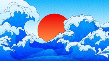 Ocean with Asia inspired line wave patterns and red sun for traditional art. Blue water with spiral pattern and red sunset orb with white foam. Classic Japanese maritime scene for cultural decoration