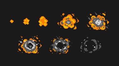 Pixel explosion sequence with orange fire and grey smoke for game sprite animation. Motion frames, progressive blast stages from small spark to dissipating clouds. Retro arcade effect assets.