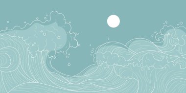 Japanese wave water illustration with ocean foam and sun for oriental art or textile design. Turquoise bg with white line patterns and flowing curves. Traditional Asian seascape background motif.