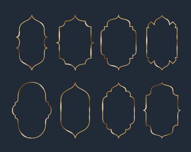 Arab arch gold frames with Islamic geometric patterns for ornamental design or decorative borders. Oriental elegant silhouettes of mosque windows and traditional Middle Eastern architecture.
