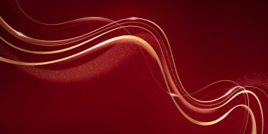 Luxury red background with golden wave ribbons and sparkle glow for premium design or festive branding. Flowing curves with shimmering particles and burgundy gradient. Elegant celebration wallpaper.
