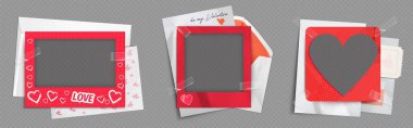 Valentine Day cards set isolated on transparent background. Vector realistic illustration of red love messages with cutout square and heart shape photo frames, anniversary or wedding invitation design