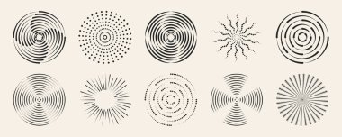 Modern tasarım elementleri için dairesel geometrik şekillere sahip nokta dairesel dalgalanma desenleri. Siyah eş merkezli halkalar ve bej arka planda noktalı spiraller. Çizgi veya noktalı soyut patlama formları.