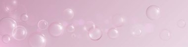 Güzellik ve kozmetik tasarım için yumuşak pembe arka planda yüzen şeffaf şampuan köpüğü veya sabun köpüğü. Işık yansımaları ve rüya gibi atmosferi olan parlak küreler. Temiz banyo ürünü çizimi.