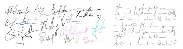 Поддельные подписи от руки, выделенные на белом фоне. Векторная реалистичная иллюстрация абстрактных рукописных каракулей на бумажном фоне, неразборчивый шрифт, старинная буква, сообщение, написанное чернилами