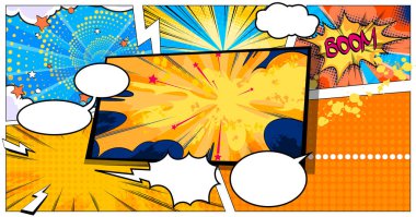 Patlayıcı süper kahraman hareketi, komik konuşma baloncukları ve dinamik hikaye anlatımı için bulut patlamaları. Yarım tonlu notalar ve turuncu arka planda yıldızlar. Manga düzeni için geçmişe dönük pop sanat çerçeveleri.