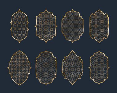 İslam mimarisi ve cami tasarımı için koyu bg üzerinde altın geometrik desenlere sahip Arap pencereleri. Motiflerle, geleneksel arabesk detaylarıyla ve zarif dekoratif elementlerle doğulu süsleme çerçeveleri.