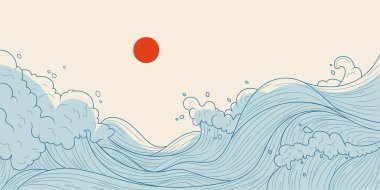 Japanese background with blue sea pattern. Vector illustration of ocean waves and red sun on white backdrop, oriental line art wallpaper with foamy water splashes, abstract banner with doodle ornament