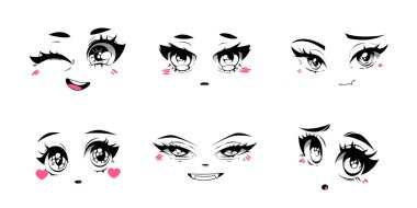 Anime tarzında Kawaii yüz ifadeleri. Manga karakter tasarımı için pembe yanaklarla göz kırpan, ağlayan ve kızaran kız yüzleri. Siyah gözler, ağızlar ve duygusal işaretler..