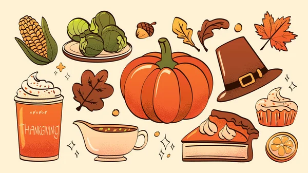 Thanksgiving dinner elements with pumpkin, pie slice, pilgrim hat and coffee cup for autumn celebration designs. Corn and, brussels sprouts, gravy boat, cupcake with cream and colorful leaves.