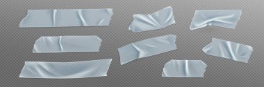 Sticker tape patch set with white adhesive strips and glossy surface for mockup design. Glued pieces or duct elements on transparent background. Repair materials collection with wrinkled texture.