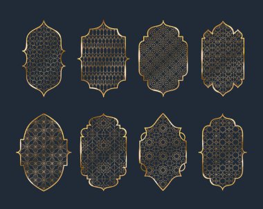 Altın İslami pencere çerçeveleri siyah arkaplanda izole edildi. Lüks Arap süslemelerinin, caminin kapı kemerlerinin, Müslüman mimari unsurlarının, Ramazan şekilli kapı unsurlarının gerçekçi temsilcisi.