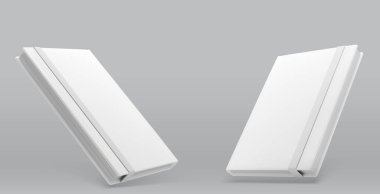 Boş defter defterleri arka planda izole edildi. Boş kapaklı beyaz kitap modelinin vektör gerçekçi çizimi, ön arka plan görünümü, markalaşma için iş planlayıcı şablonu, kağıt günlük