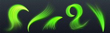 Fütürist tasarımlar veya enerji görselleri için parlak kıvrımlı izler ve girdaplar içeren neon yeşil ışık çizgisi efektleri. Parlak, parlak dalgalar ve yumuşak ışıklı spiraller. Dinamik hareket ögeleri koleksiyonu.