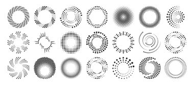 Nokta radyal dalgalanma yarım ton desenleri dairesel eğimler ve dalga etkileri. Yazdırma tasarımı için siyah geometrik dokular, arka planlar veya beyaz yüzeydeki modern soyut kompozisyonlar.