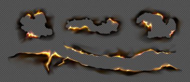 Parlak ateş kenarlı kağıt yanığı koleksiyonu ve gerçekçi hasar etkileri için saydam arka planda kömürleşmiş delikler. Yanan turuncu ışık tasarım elementleri siyah yırtık şekillerde..