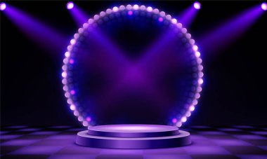 Gösteriler için mor spot ışıkları ve dairesel ampul çerçevesiyle aydınlatılmış göz kamaştırıcı kumarhane podyumu. Lüks gösteriler için etrafı kirişlerle çevrili neon sahne platformu. Sunum ayarlarını göster.