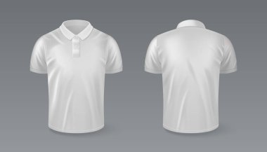 Erkek polo tişörtü arka planda izole edilmiş. Tasmalı ve kısa kollu beyaz tişörtün gerçekçi temsili, kurumsal markalaşma için boş alan, spor takımı üniforması.