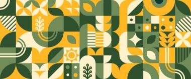 Yeşil ve sarı renklerde kusursuz çiçek desenleri var. Soyut geometrik çiçekler, yapraklar, ağaç dalları, eski tarz duvar kağıdı tasarımlı klasik mozaik fayansların düz vektör çizimi