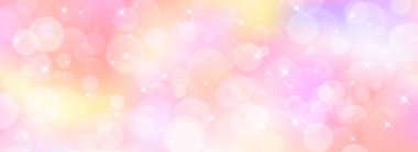 Tek boynuzlu at arkaplanı simli ve gökkuşağı desenli. Yumuşak pastel sarı, mor ve pembe renkler. Peri masalı ya da rüya gibi kız tasarımı için büyülü atmosferde parıldayan yıldızlar.