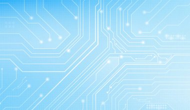 Açık mavi teknoloji arka planında beyaz çizgi izleri olan soyut devre kartı deseni - dijital ağ bağlantıları ve parlayan düğümler. Yenilik ve bilgisayar için modern elektronik teknoloji tasarımı.
