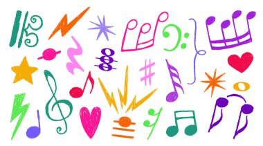 Elle çizilmiş fırça vektör elemanları ve yaratıcı tasarımlar için tebeşir karalama sembolleriyle renklendirilmiş müzik notası seti. Yıldızlı ve yıldırımlı müzikal kalpler. Oyuncu, sanatçı çocukların çizimleri..