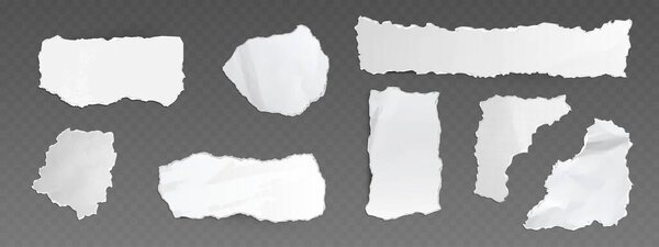 Белый рваный лист бумаги с неровными краями. Различные ноты различной формы - прямоугольные полоски, квадратные фрагменты и смятые формы для оформления скрапбукинга или коллажа.