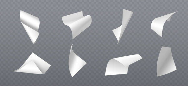 Падение чистых листов бумаги, изолированных на прозрачном фоне. Векторная реалистичная иллюстрация пустых белых страниц, летящих в воздухе со сложенными краями и мягкими тенями, макет письма, черновой вариант документа