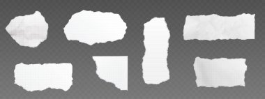 Saydam arka planda yırtık kenarları olan yırtık defter kesiti. Çeşitli şekillerde beyaz kareli ve çizgili yaprak parçaları. İleti, hatırlatma veya albüm tasarımı için gerçekçi not artıkları