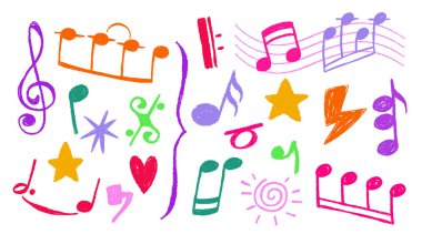 Renkli boya kalemleri beyaz arkaplanda izole edilmiş. El çiziminin gerçekçi temsili pastel tebeşir melodisi, kalp, yıldız, yıldırım işaretleri, müzik afişi için çocuk çıkartmaları, karalama tasarımı