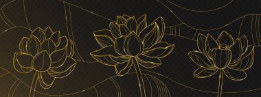 Şeffaf siyah arkaplanda altın nilüfer çizgisi deseni. Nilüfer çiçekleri, zarif duvar kağıtları, tebrik kartı veya spa pankart dekorasyonlu kusursuz çiçek tasarımının vektör gerçekçi çizimi