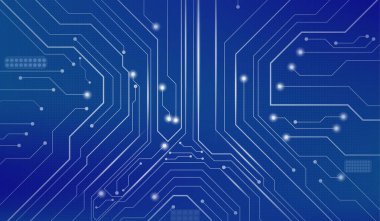 Mavi arka planda yüksek teknoloji devre şablonu. Soyut teknoloji tahtası, ai sistem yeniliği, bilgisayar mikroçip dokusu, veri ağı üzerindeki beyaz çizgilerin ve ışık noktalarının vektör gerçekçi çizimi