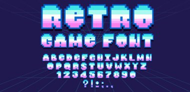 Klasik 8 bit bilgisayar yazı tipi tarzıyla Retro oyun pikseli tipografisi. Geometrik harfli video metin elemanları ve klasik oyun estetiği. Neon renkli siber punk arayüz tasarımı.