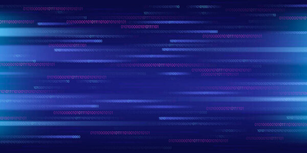 Binary code matrix background with cyber data streams in blue and pink. Abstract digital interface with computer programming numbers, futuristic technology backdrop for security or network concepts.