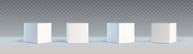 Şeffaf arkaplanda 3 boyutlu küpler izole edildi. Boş beyaz kutu modellerinin vektör gerçekçi çizimi, yumuşak gölgeli ön ve açı görünümü, sunum podyumu modeli, geometrik platform tasarımı