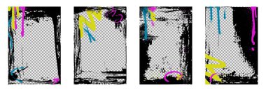 Grafiti tarzı kentsel çerçeve, sıkıntılı siyah kenarlar, renkli sprey boya izleri ve şeffaf yerleşim yerleri. Modern grafik tasarımı için sokak sanatı estetiğine damlayan pürüzlü fırça darbeleri.