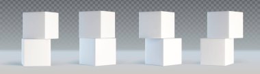 Beyaz 3d küp çiftleri şeffaf arkaplanda farklı açılarda dizilmiş. Gerçekçi gölgeler ve modern model veya soyut kompozisyon için temiz kenarlı kare biçimindeki minimalist geometrik bloklar.