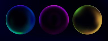 Siyah arkaplanda izole edilmiş renk gradyanı olan soyut küreler. Neon mavisi, mor, sarı holografik kabarcıklar, sıvı top, aura etkisi, geometrik tasarım elementi