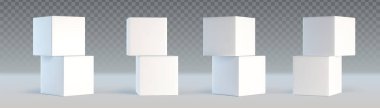 Yığılmış 3D küpler şeffaf arkaplanda izole edildi. Soyut beyaz kutuların vektör gerçekçi yığınları, yumuşak gölgeli ön ve açı görünümü, sunum podyumu modeli, geometrik platform tasarımı