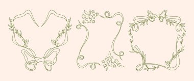 Dekoratif çiçek unsurları ve zarif kurdeleleri olan zarif koquette çerçeve. Tuhaf çiçekli, botanik yapraklı ve kadınsı fiyonklu klasik sınır tasarımı. Düğün davetiyeleri için romantik çerçeve