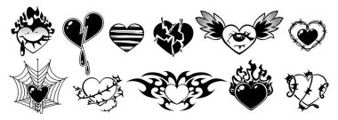 Gotik emo elementleri içeren gotik kalp dövmesi tasarımı. Kırık kalpler, kanatlı semboller, dikenli tel çerçeveler ve yanan ikonlar. Siyah vektör sanatı, aşiret alevleriyle birlikte koyu romantik tarzda ayarlanmış.