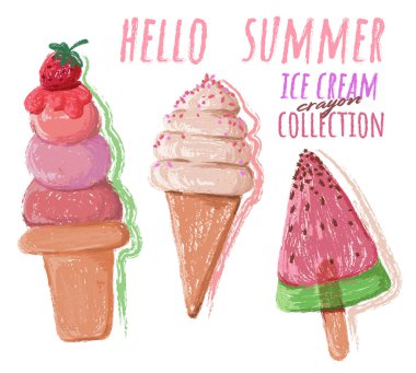 Dondurma pastel boya koleksiyonu, dondurmalı dondurma ve buzlu karalama. Tebeşir stili yaz tatlısı koni taslakları, karatahta dokusunda dondurulmuş ikramlar. Klasik el yapımı gıda vektörü sanatı.