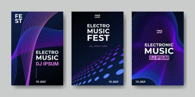 Soyut ses dalgası tasarımı ve canlı gradyan arkaplanı olan elektro müzik posteri. Konser, parti veya DJ etkinliği tanıtımı için geometrik çizgileri ve neon elementleriyle dinamik festival broşürü.