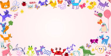 Anaokulu ve okul projeleri için çocuk geçmişi sınırı. Anaokulu mezuniyet sertifikası, çocuk diploması veya oyuncu eğitim şablonu için renkli hayvan çerçevesi ve boya elementleri.