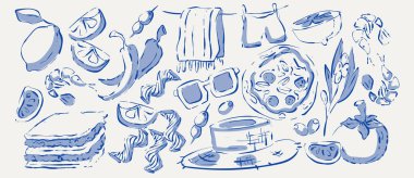 Beyaz arka planda elle çizilmiş İtalyan yemek eskizleri koleksiyonu. Mavi mürekkep karalama pizzası, limon, zeytin, domates, deniz ürünleri, yaz plajı aksesuarları, klasik tatil eşyaları.